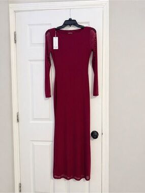Burgundy Mesh Long Sleeve Bodycon Maxi Dress | REORIA | NWT
